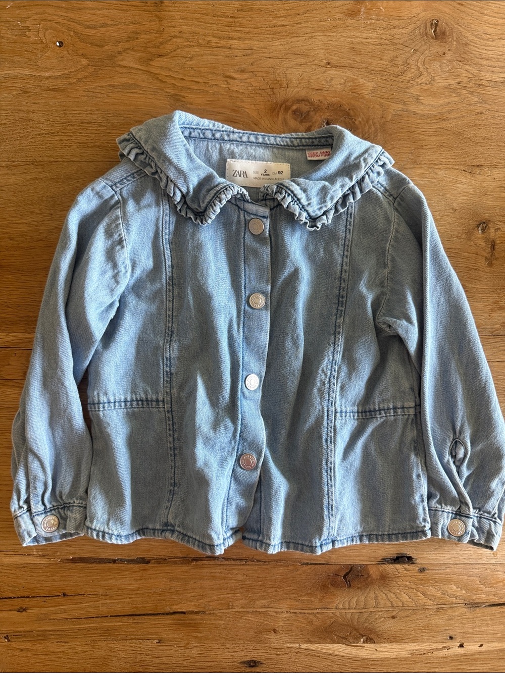 Zara Light Blue Denim Long Sleeve Top with Ruffle Collar
